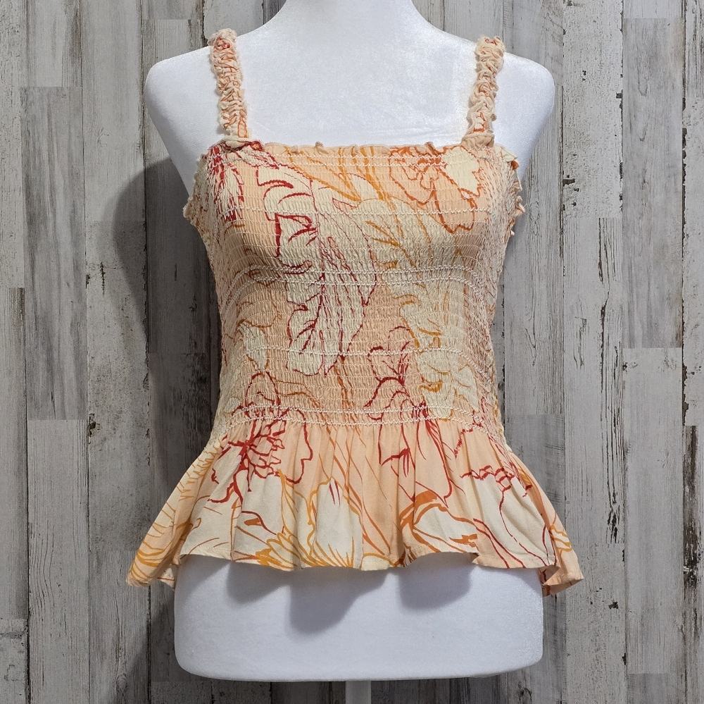 Patrons of Peace Size Small Peach Orange White Tropical Peplum Top